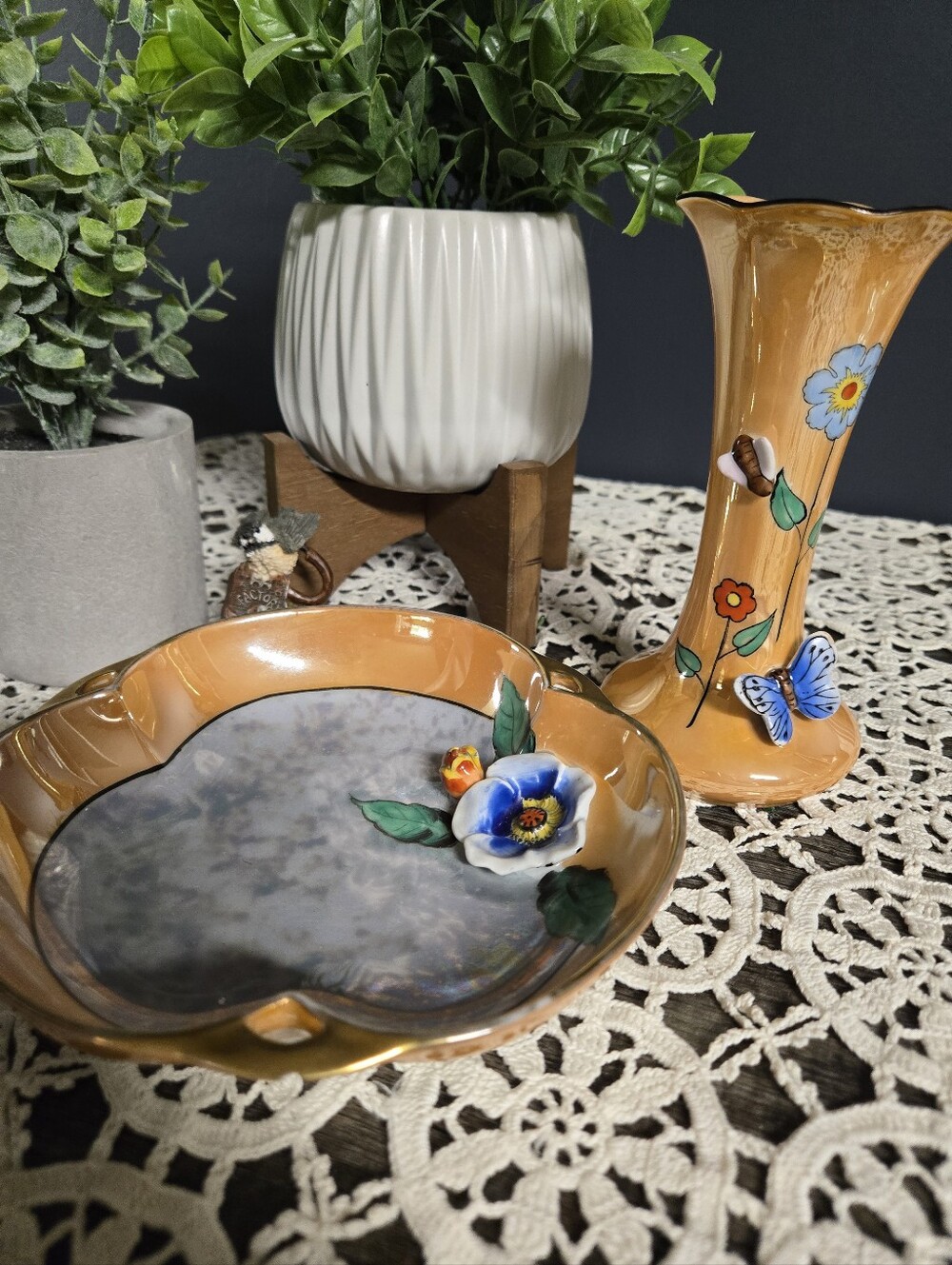 Norita Japan Hand-Painted Lustreware Vase & Floral Dish